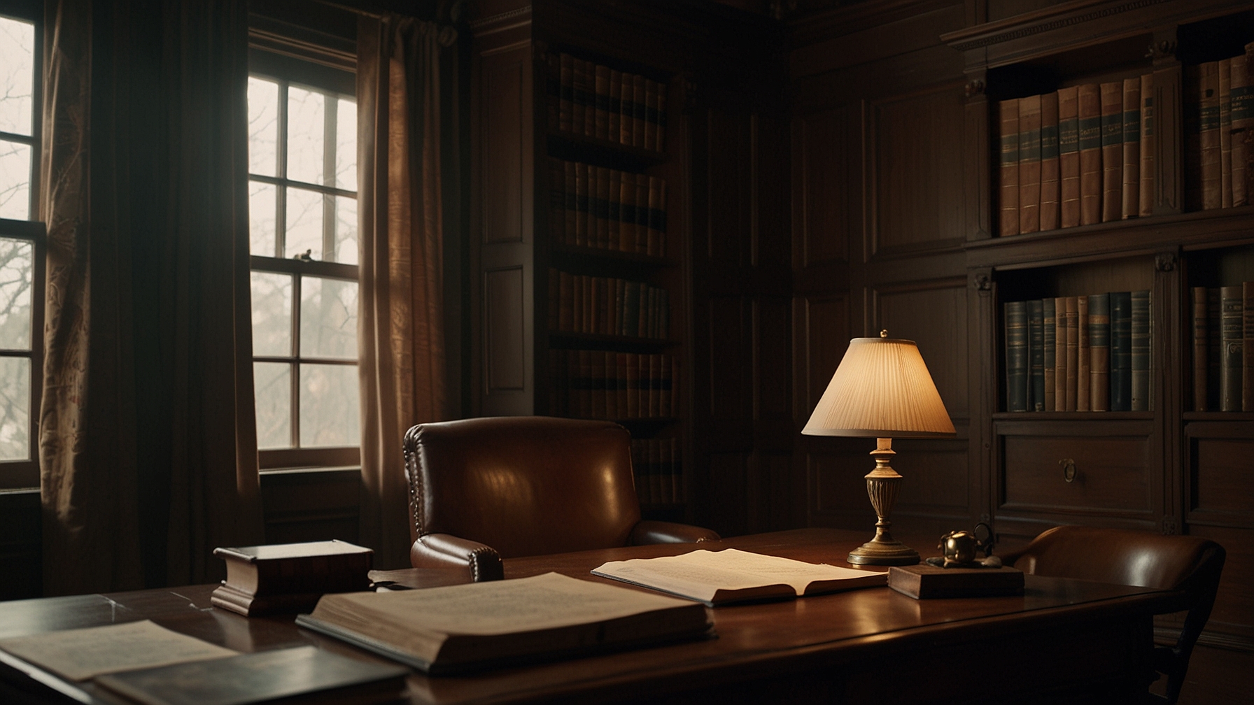 Judge's private chambers with legal books and brass desk lamp