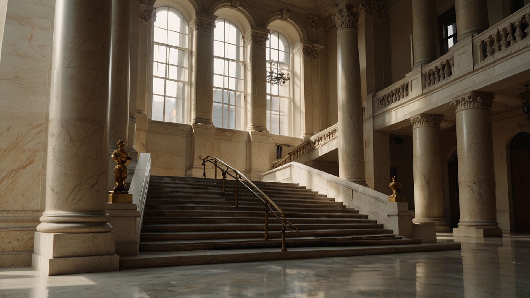 Marble courthouse staircase with classical columns