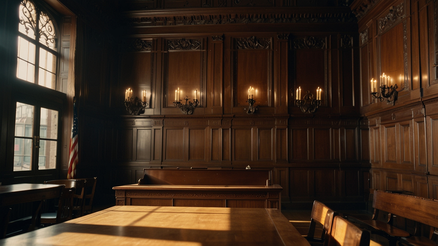 Empty wood-paneled American courtroom interior with late afternoon light